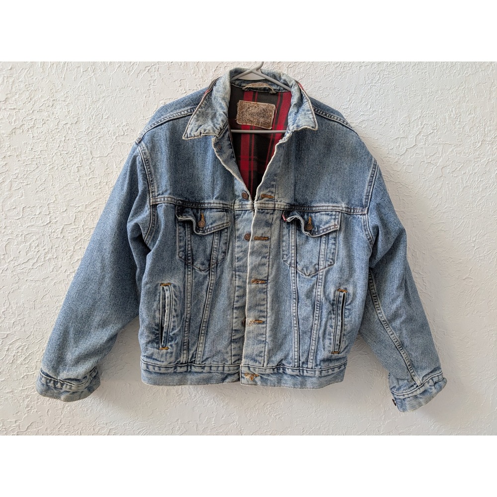 VTG 80s Levi's Denim Trucker Jacket Mens Medium Plaid Flannel Lined Made in USA
